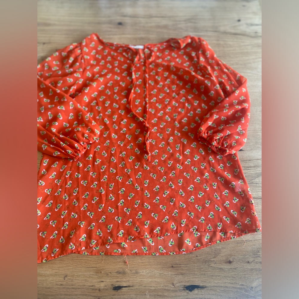 Pleione‎ Tie Neck Floral Long Sleeve Tunic Top Red Orange Women’s M Preloved